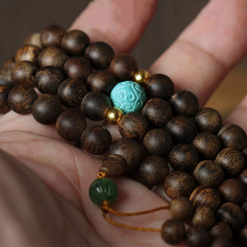 Karma Stone 108-Bead Wooden  Rosary Bracelet Nha Trang Agarwood Turquoise Prayer Bracelet