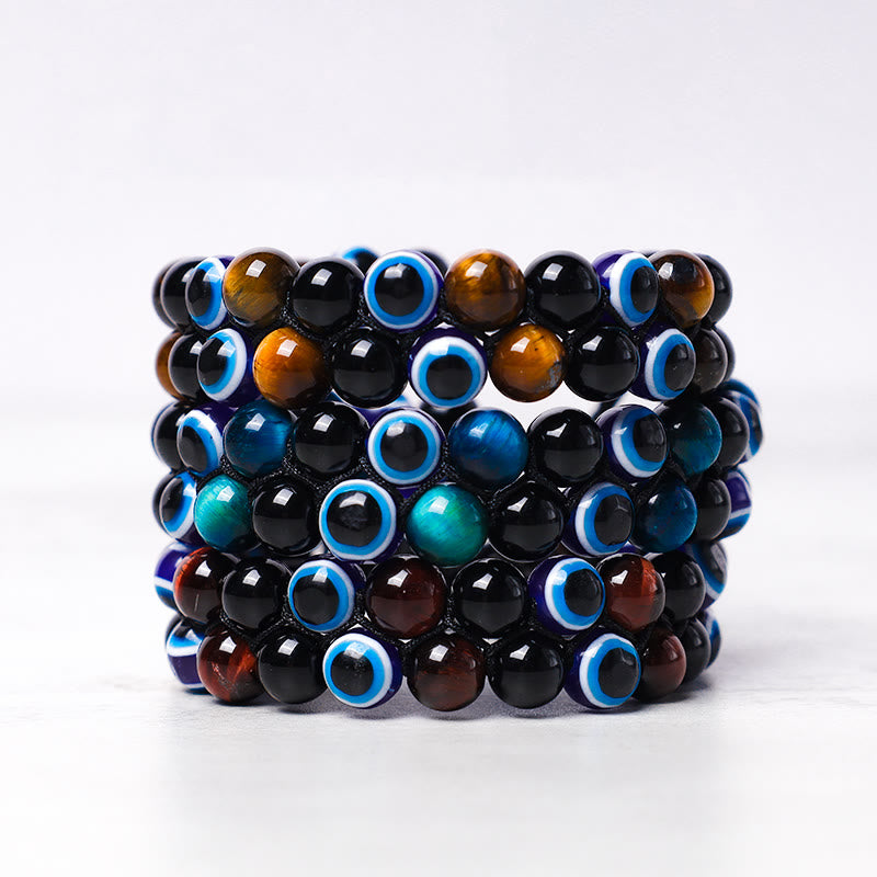 Karma Stone Evil Eye Hematite Tiger Eye Protection Beaded Bracelet