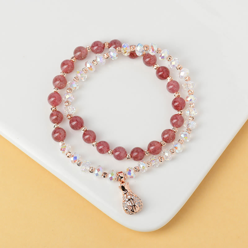 Karma Stone Strawberry Quartz White Crystal Money Bag Charm Positive Bracelet