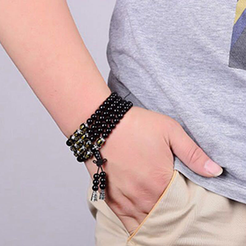 Karma Stone Black Obsidian Six True Words Protection Mala Bracelet