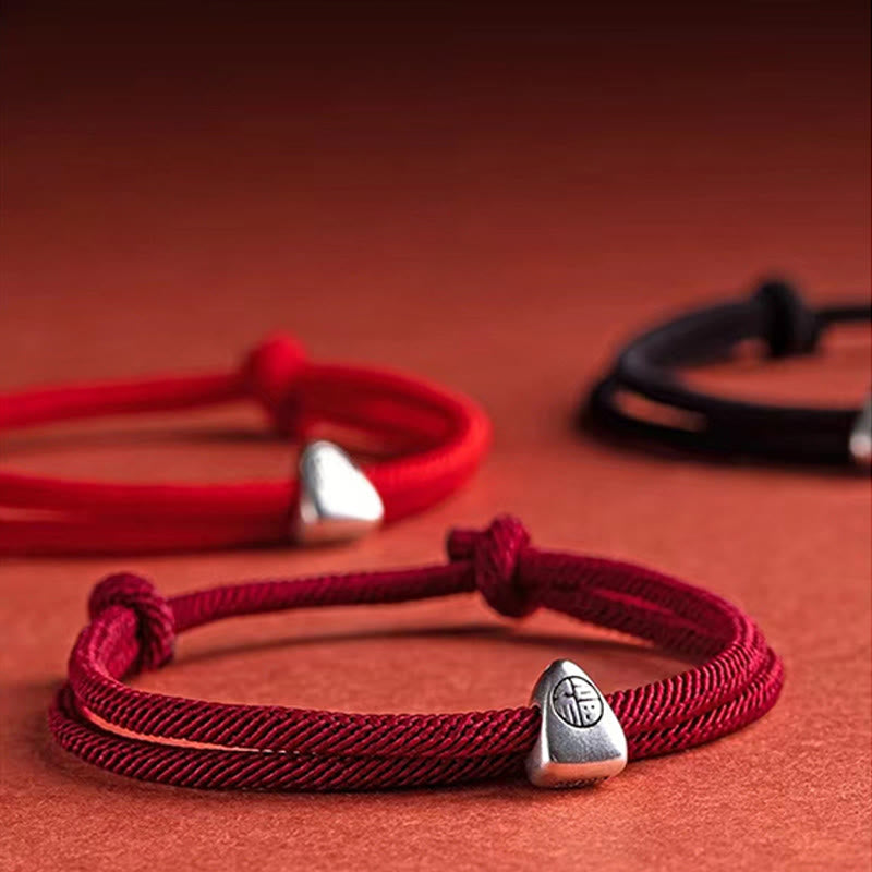 Karma Stone 925 Sterling Silver Fu Character Blessing Handmade Braided Bracelet