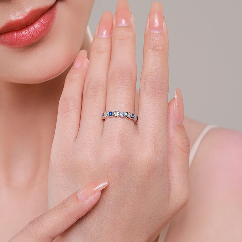 Karma Stone 925 Sterling Silver Evil Eye Love Heart Zircon Blessing Ring