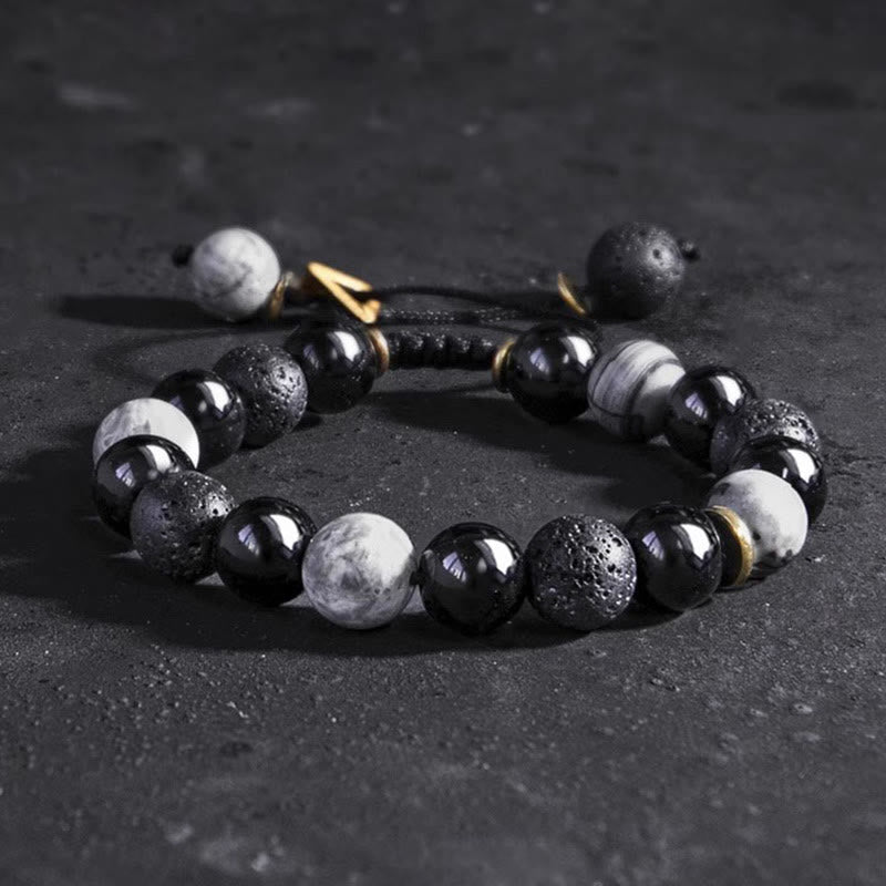 Karma Stone Black Obsidian Lava Rock Stone Yin Yang Strength Bracelet