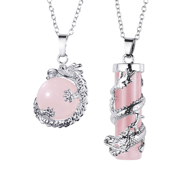 Karma Stone 2pc Dragon Wrapped Round Ball Gemstone Couple Necklace Pendant