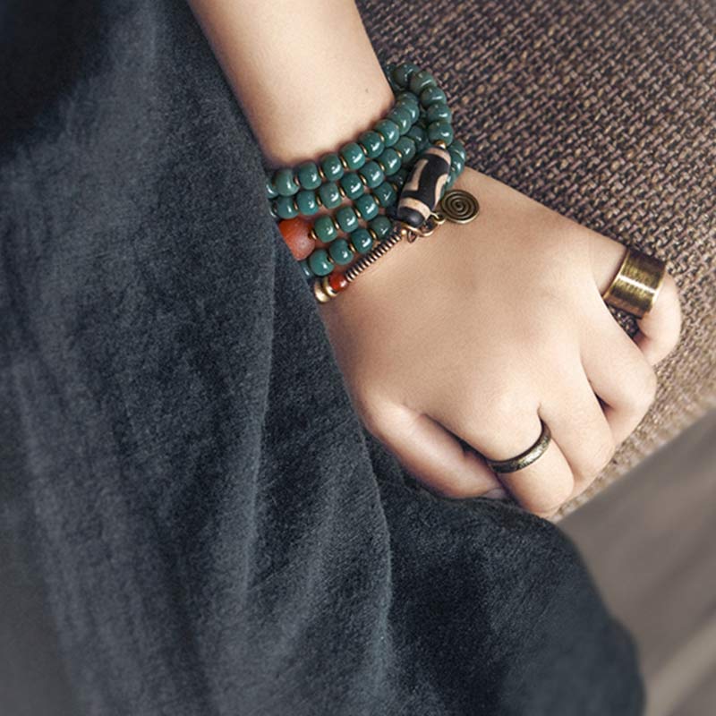Karma Stone 108 Mala Beads Bodhi Seed Dzi Bead Wisdom Bracelet