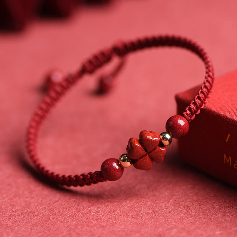 Karma Stone Four Leaf Clover Five-petal Flower Cinnabar Blessing Red String Bracelet