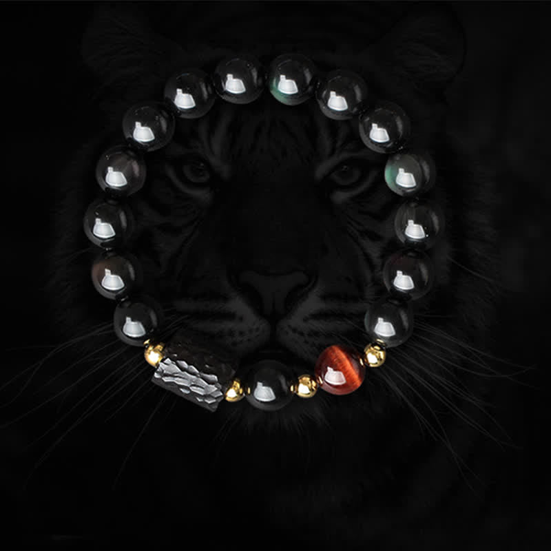 Karma Stone Black Obsidian Ebony Wood Red Tiger Eye Strength Couple Bracelet