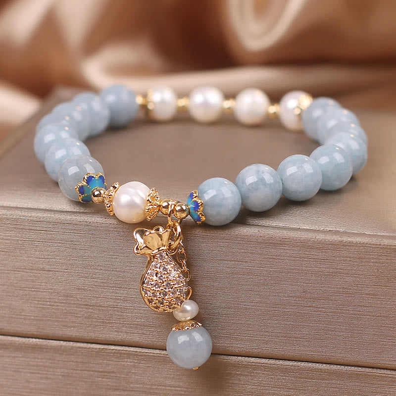 Karma Stone Aquamarine Pearl Fortune Money Bag Charm Bracelet