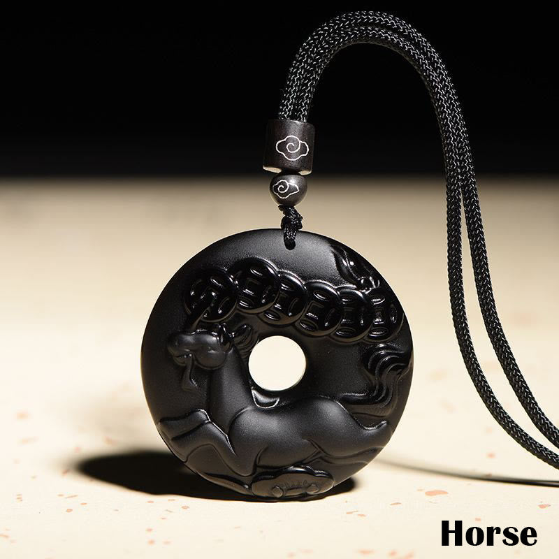 Karma Stone Chinese Zodiac Natural Black Obsidian Peace Buckle Strength Necklace Pendant