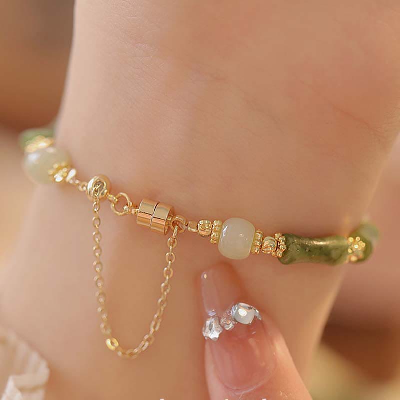 Karma Stone Jade Bamboo Leaf Lily Of The Valley Pattern Luck Abundance Bracelet