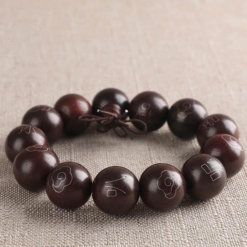 Karma Stone 925 Sterling Silver Inlaid Small Leaf Red Sandalwood Om Mani Padme Hum Character Auspicious Clouds Protection Bracelet