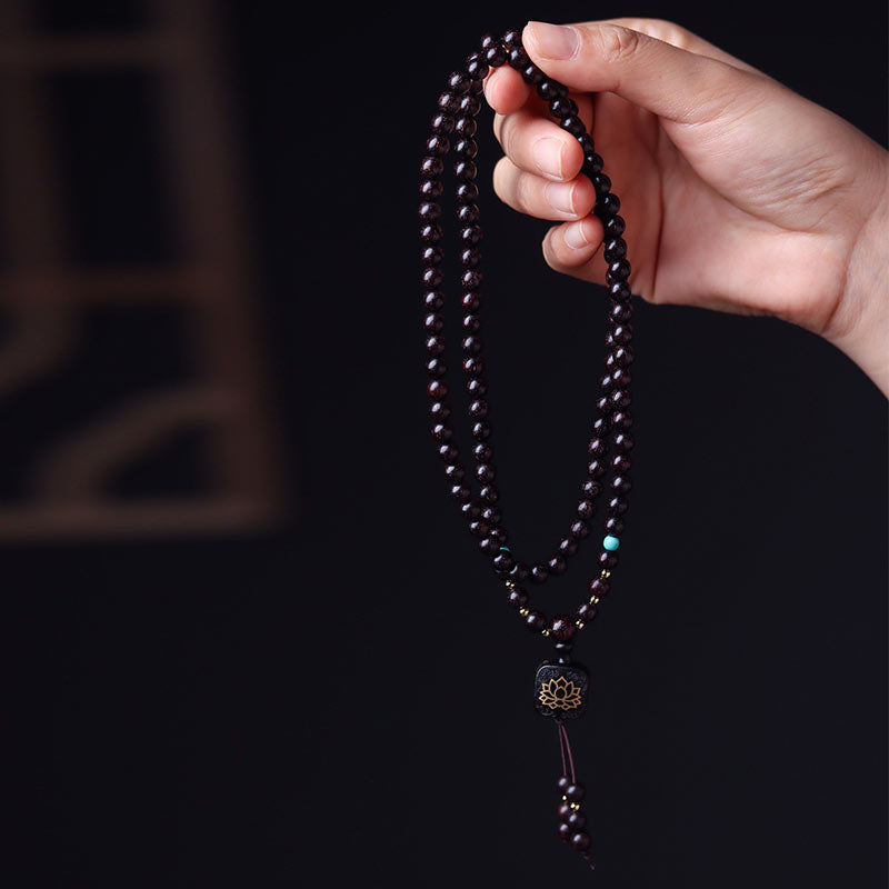 Karma Stone 108 Mala Beads Tibetan Small Leaf Red Sandalwood Lotus Balance Bracelet
