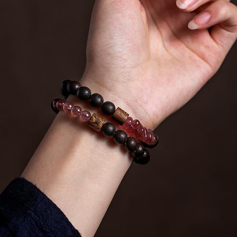 Karma Stone 925 Sterling Silver Chinese Zodiac Natal Buddha Agarwood Strawberry Quartz Peace Double Wrap Bracelet