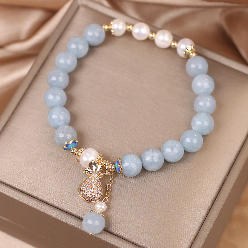 Karma Stone Aquamarine Pearl Fortune Money Bag Charm Bracelet