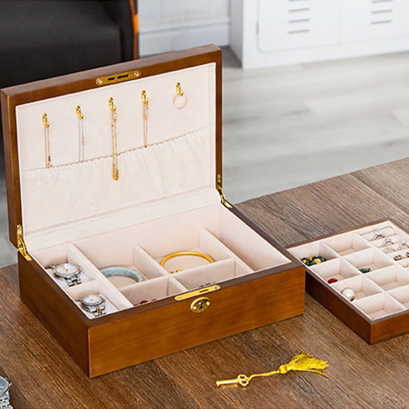 Karma Stone Vintage Wooden Jewelry Box Two-Layer Solid Wood Jewelry Storage Box