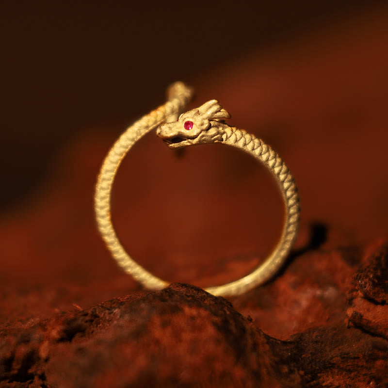 Karma Stone 925 Sterling Silver Vintage Year of the Dragon Luck Protection Strength Adjustable Ring