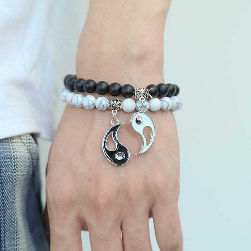 Karma Stone 2pcs Natural Black Onyx White Turquoise Bead Yin Yang Couple Bracelet