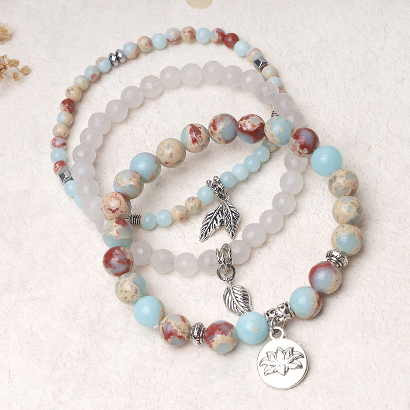 Karma Stone 3PCS Natural Quartz Crystal Beaded Healing Energy Lotus Bracelet