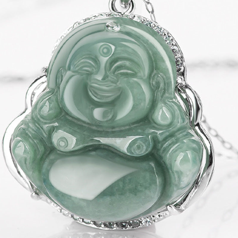 Karma Stone 925 Sterling Silver Laughing Buddha Jade Abundance Necklace Chain Pendant