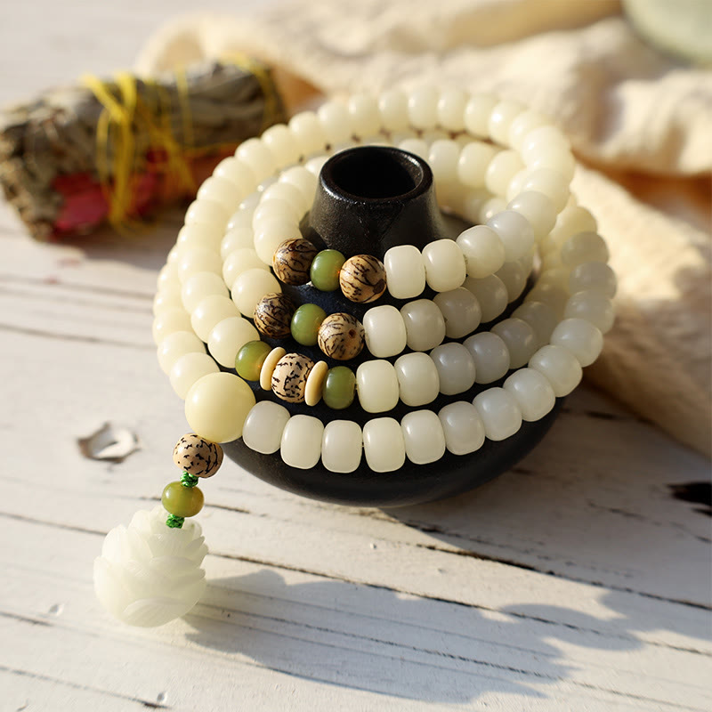 Karma Stone White Jade Bodhi Lotus Mala Harmony Necklace Bracelet