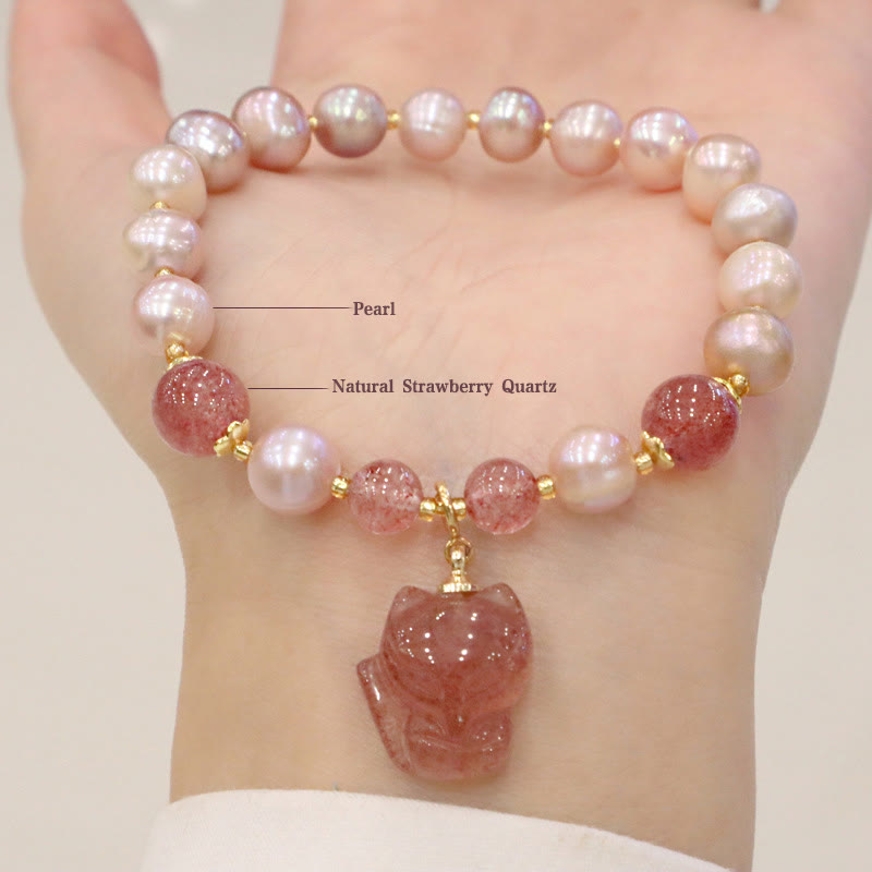Karma Stone Natural Pearl Strawberry Quartz Cute Fox Love Healing Charm Bracelet