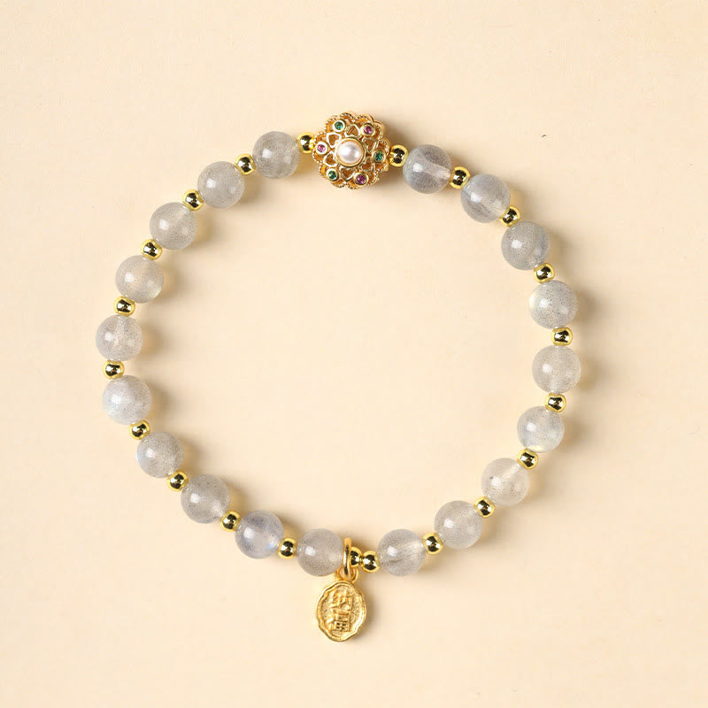 Karma Stone 14K Gold Plated Natural Strawberry Quartz Labradorite Sun Stone Fu Character Positive Charm Bracelet
