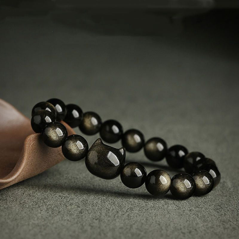 Karma Stone Gold Sheen Obsidian Silver Sheen Obsidian Lovely Paw Lucky Cat Protection Bracelet