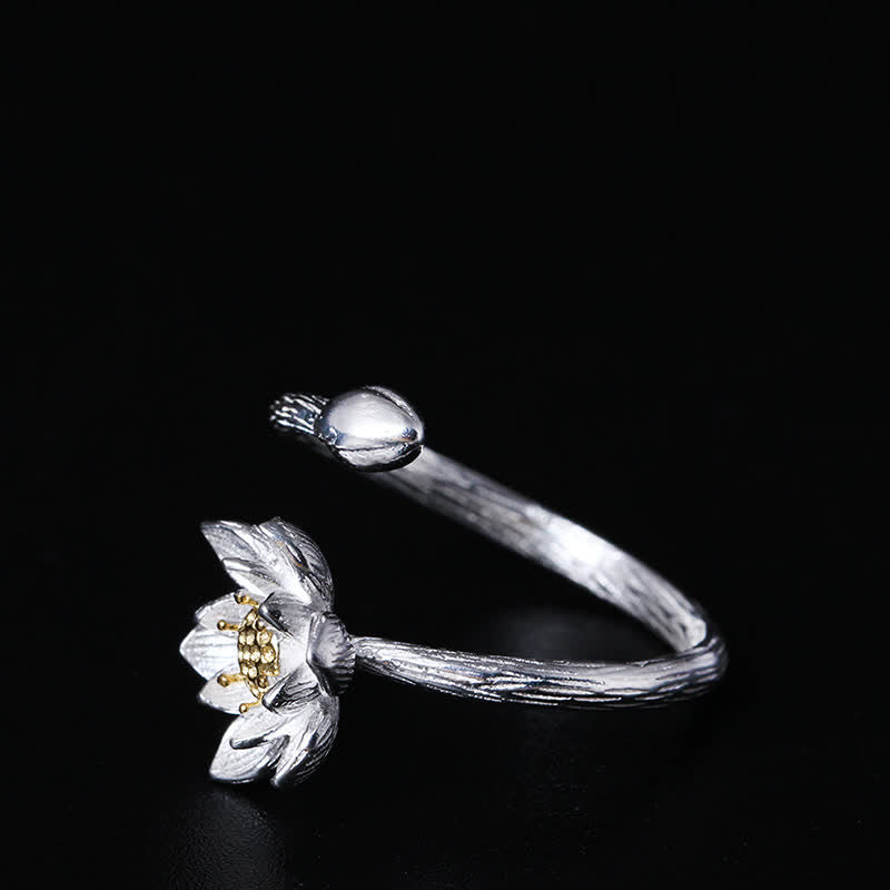 Karma Stone 925 Sterling Silver Lotus Flower Blessing Ring