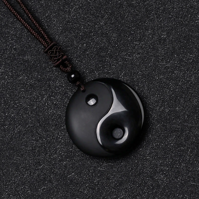 Karma Stone Black Obsidian Taoism Five Sacred Mountains Nine-Character Mantra Carved Purification Yin Yang Necklace Pendant
