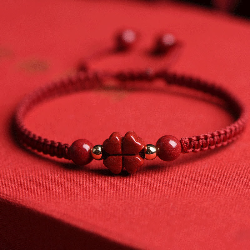 Karma Stone Four Leaf Clover Five-petal Flower Cinnabar Blessing Red String Bracelet
