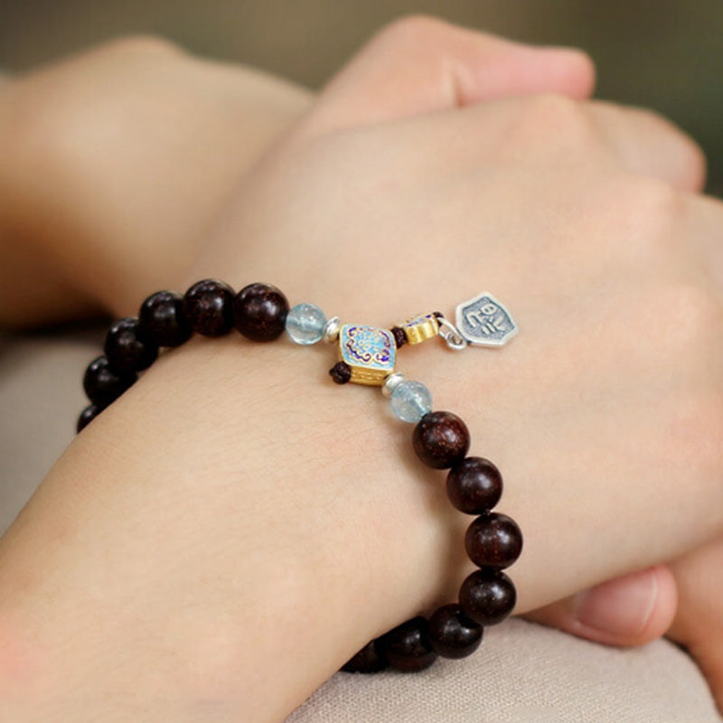 Karma Stone 925 Sterling Silver Indian Small Leaf Red Sandalwood Aquamarine Full of Gold Star Chinese Knotting Blessing Bracelet