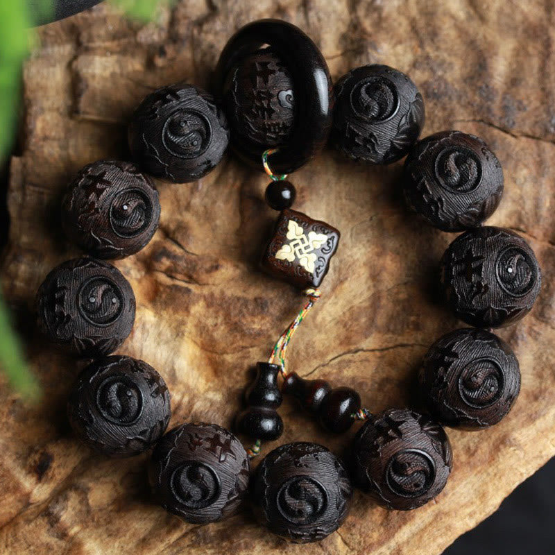 Karma Stone Ebony Wood Chinese Character Yin Yang Engraved Gourd Balance Bracelet