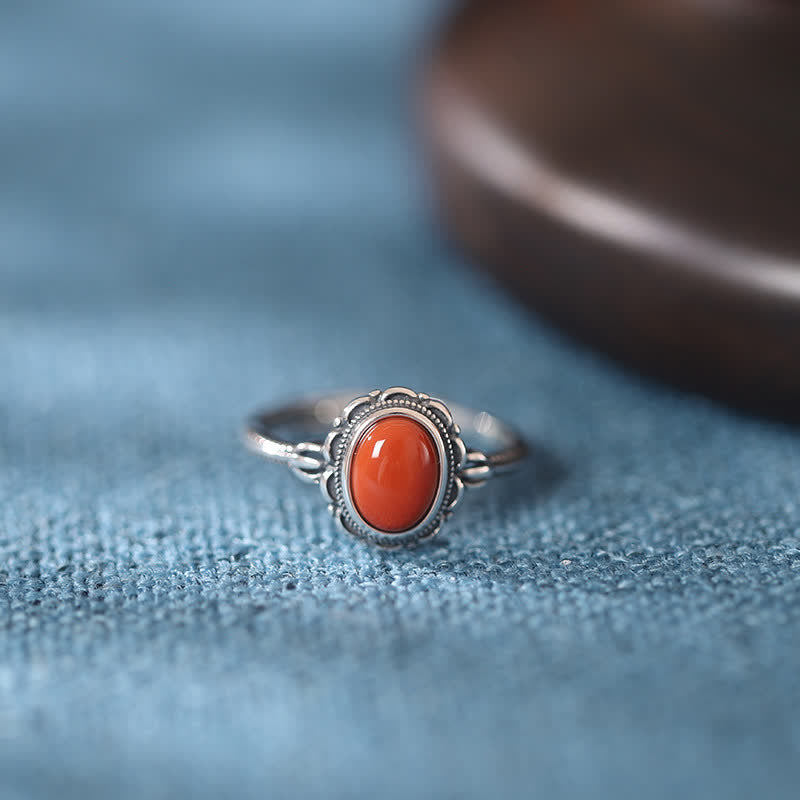 Karma Stone 925 Sterling Silver Tibetan Turquoise Red Agate Protection Ring