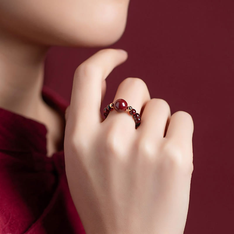 Karma Stone Garnet Cinnabar Lucky Bead PiXiu Om Mani Padme Hum Rose Protection Ring