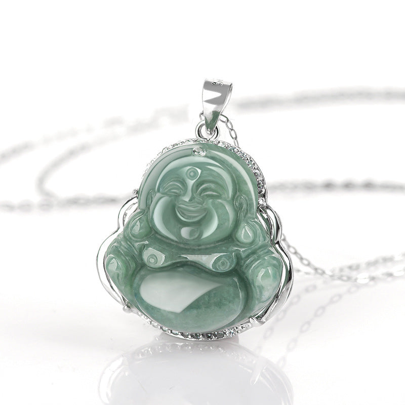 Karma Stone 925 Sterling Silver Laughing Buddha Jade Abundance Necklace Chain Pendant