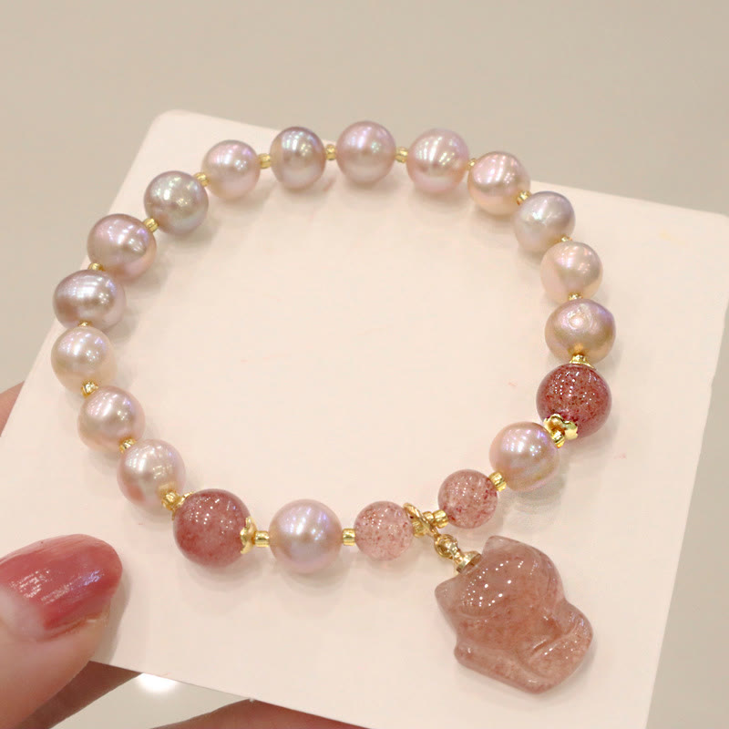 Karma Stone Natural Pearl Strawberry Quartz Cute Fox Love Healing Charm Bracelet