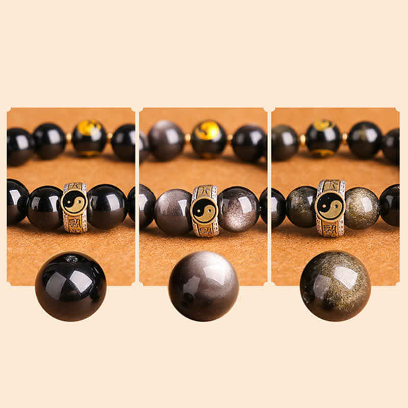 Karma Stone 925 Sterling Silver Black Obsidian Gold Sheen Obsidian Silver Sheen Obsidian Yin Yang Protection Bracelet