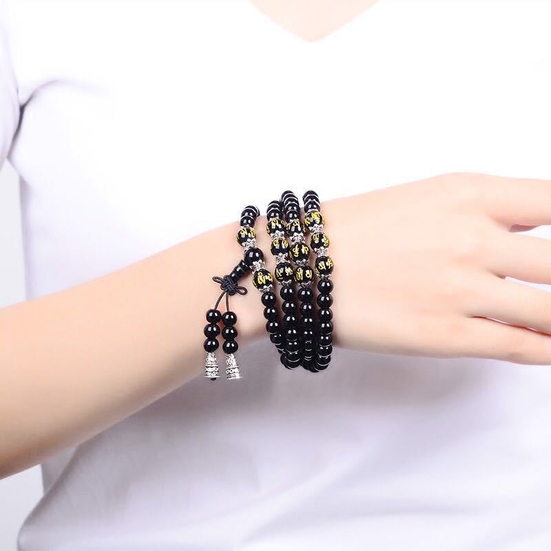 Karma Stone Black Obsidian Six True Words Protection Mala Bracelet