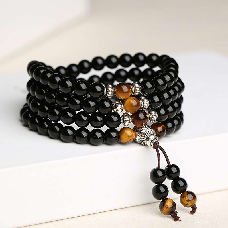 Karma Stone Black Obsidian Tiger Eye Blessing Mala Bracelet