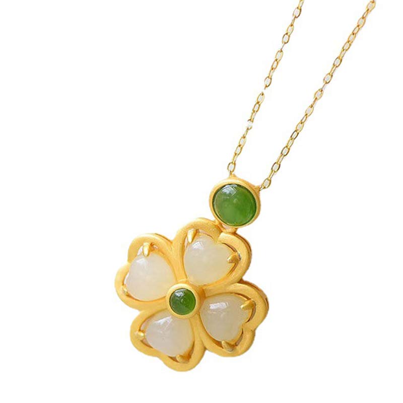 Karma Stone 925 Sterling Silver Lucky Four Leaf Clover Jade Prosperity Necklace Chain Pendant