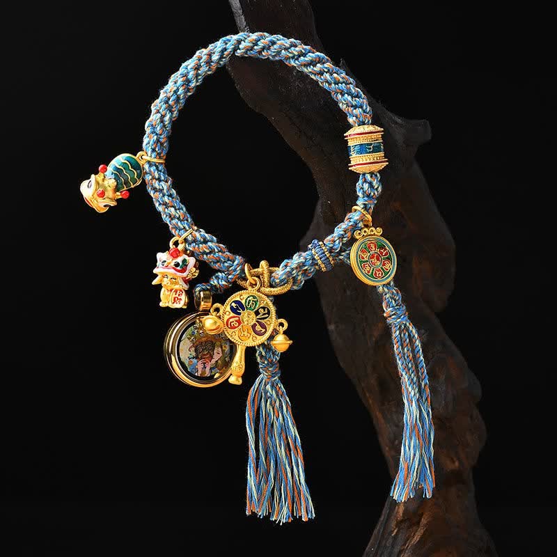 Karma Stone Tibetan Zakiram Goddess of Wealth Thangka Luck Prayer Wheel Braid String Bracelet