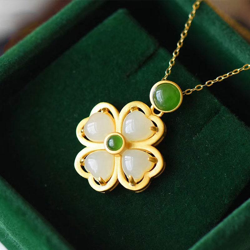 Karma Stone 925 Sterling Silver Lucky Four Leaf Clover Jade Prosperity Necklace Chain Pendant