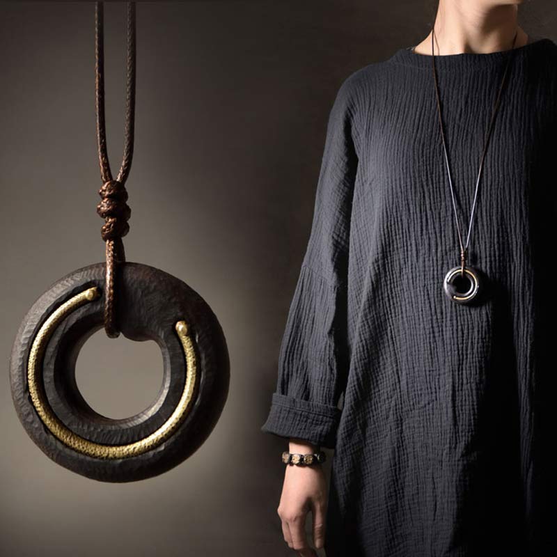 Karma Stone Zen Circle Ebony Wood Peace Calm Necklace Pendant