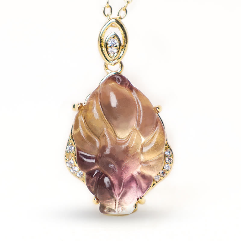 Karma Stone Natural Colorful Fluorite Nine Tailed Fox Protection Necklace Pendant