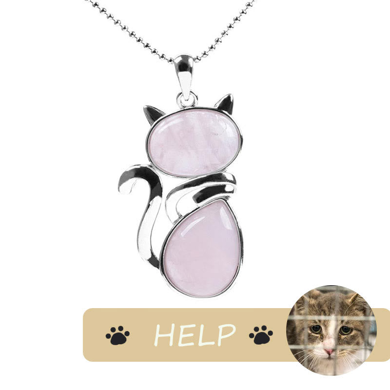 Karma Stone "Save A Cat" Cute Cat Pattern Natural Crystal Protection Cat-Loving Pendant Necklace