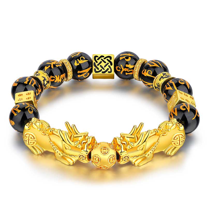 Karma Stone FengShui Double PiXiu Obsidian Om Mani Padme Hum Wealth Bracelet