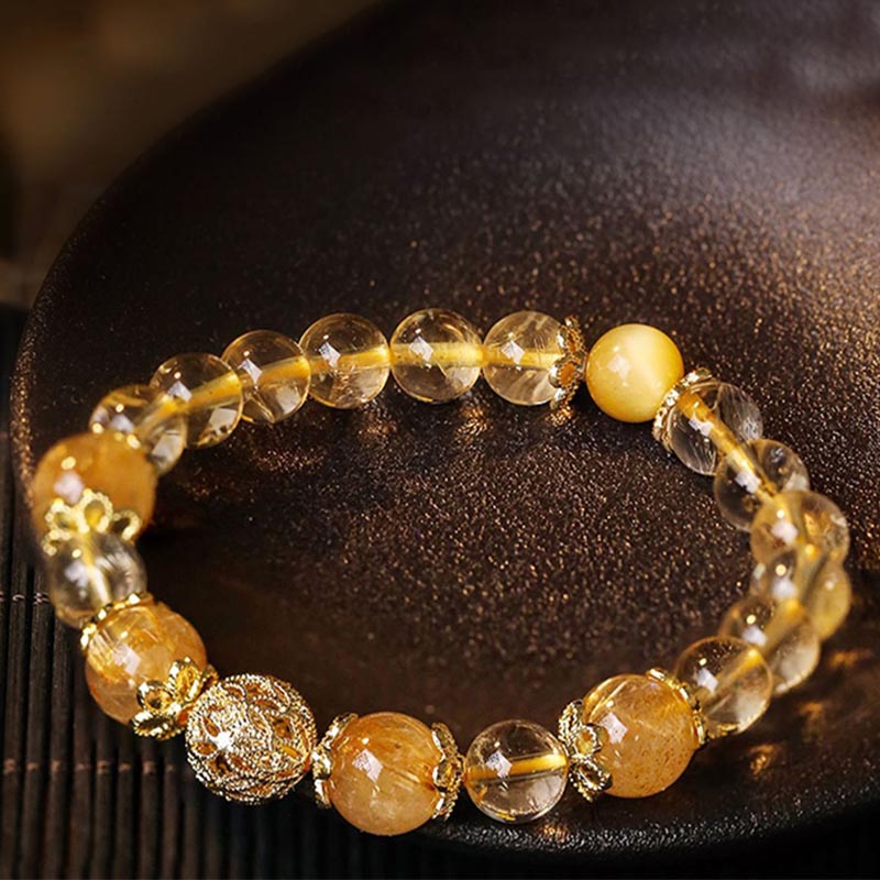 Karma Stone Natural Citrine Amethyst Rutilated Quartz Prosperity Protection Bracelet