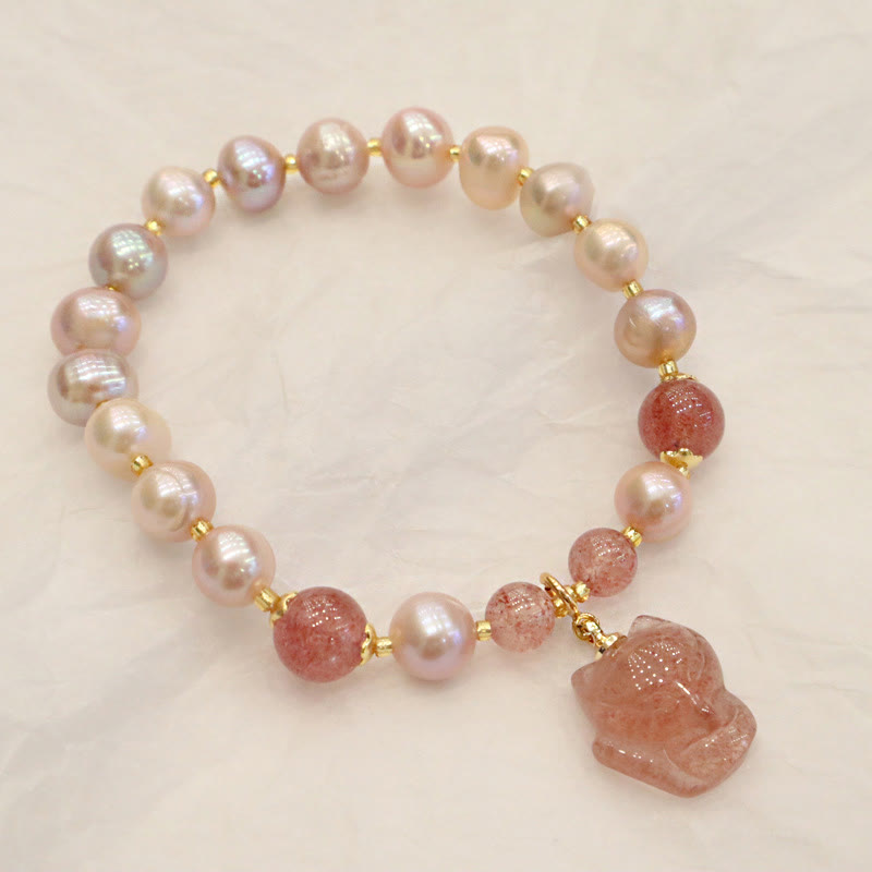 Karma Stone Natural Pearl Strawberry Quartz Cute Fox Love Healing Charm Bracelet