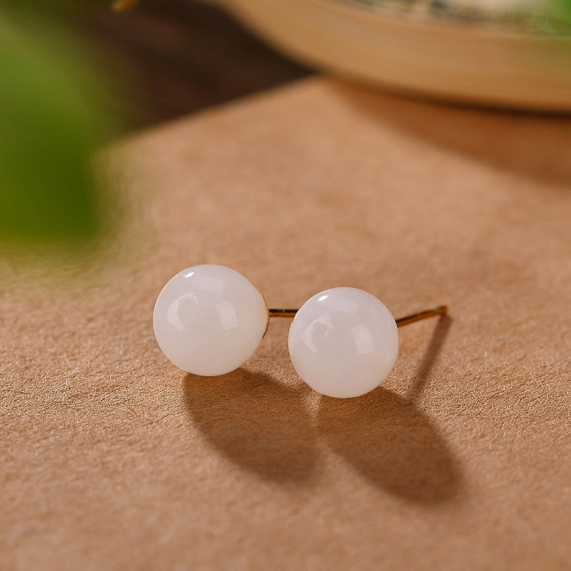 Karma Stone 925 Sterling Silver Round White Jade Blessing Stud Earrings