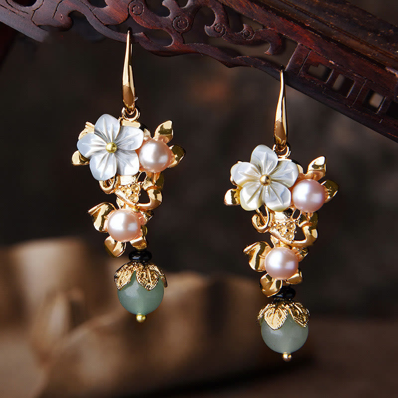Karma Stone 14K Gold Plated Tridacna Stone Flower Pearl Green Aventurine Bead Drop Earrings